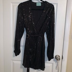 Black Sequin Wrap Dress